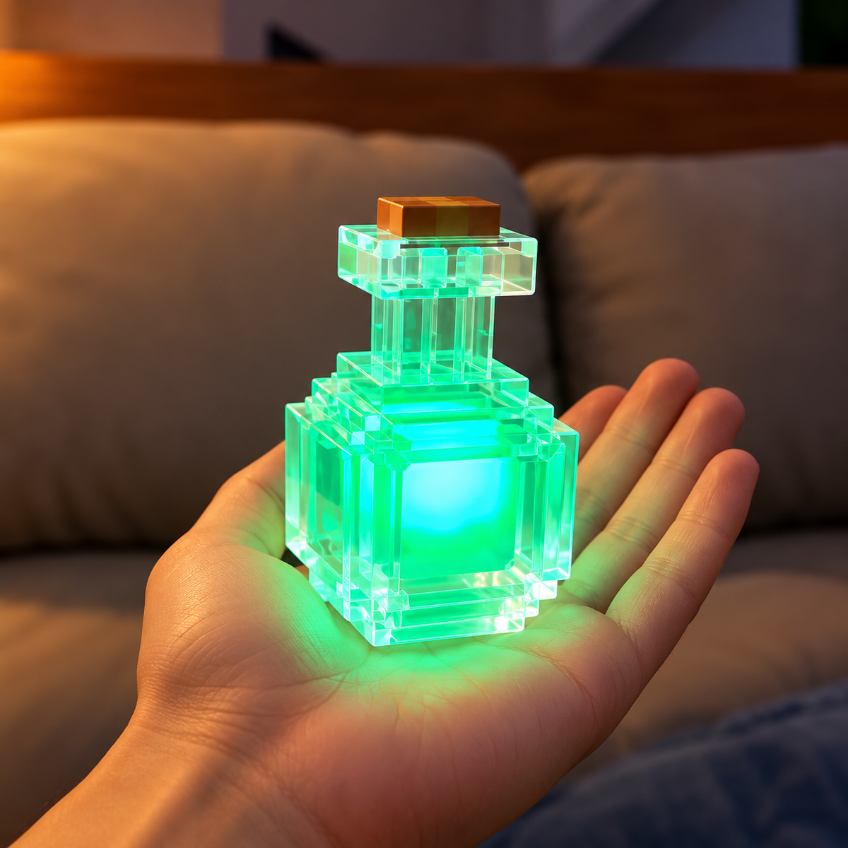 Relic Potion™ – fiole lumineuse verte posée sur la main