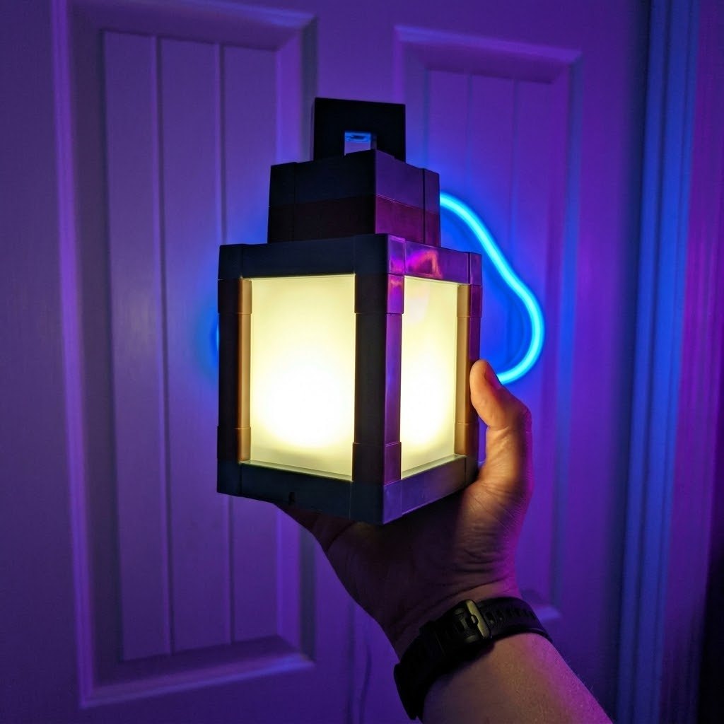 Lantern held in one hand, glowing warm