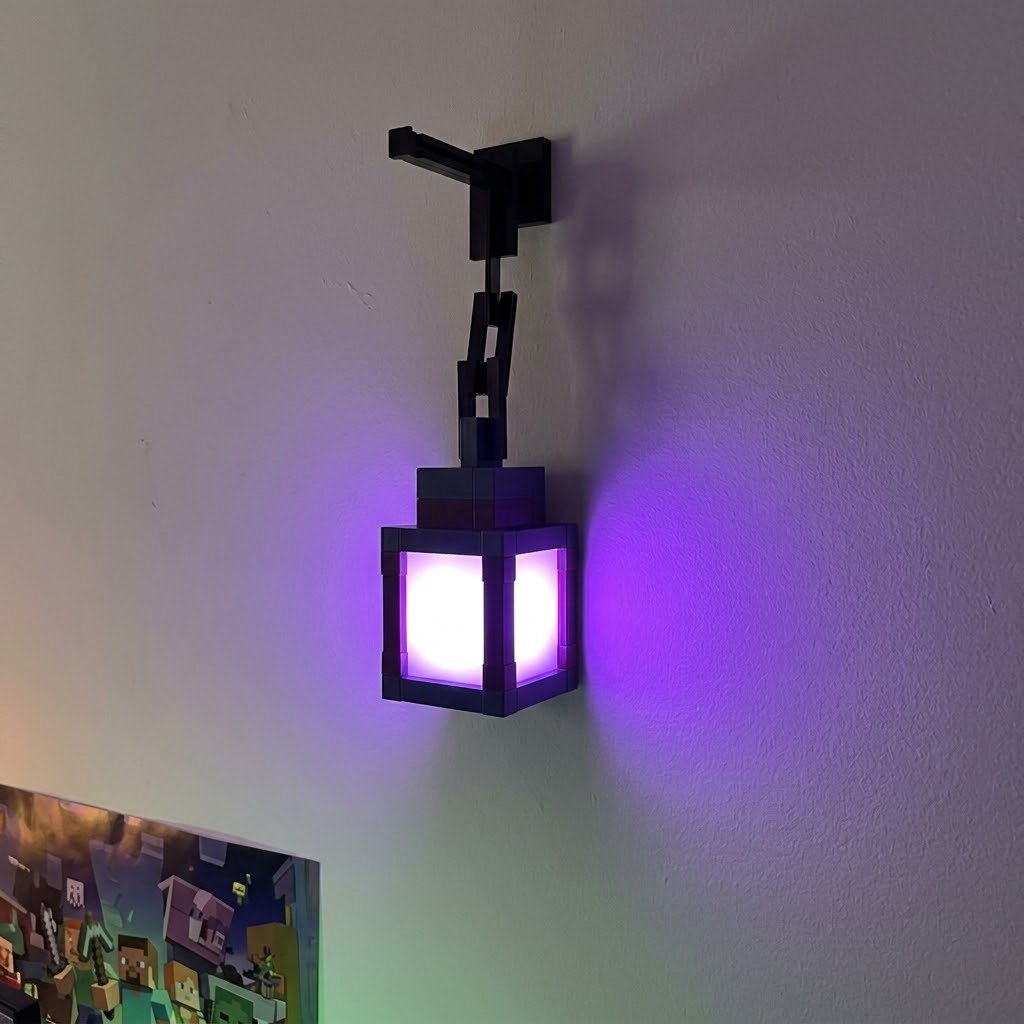 Lantern glowing purple on a bedroom wall