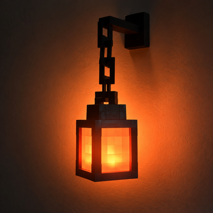 Relic Lantern pixel wall lantern glowing warm orange on a wall mount