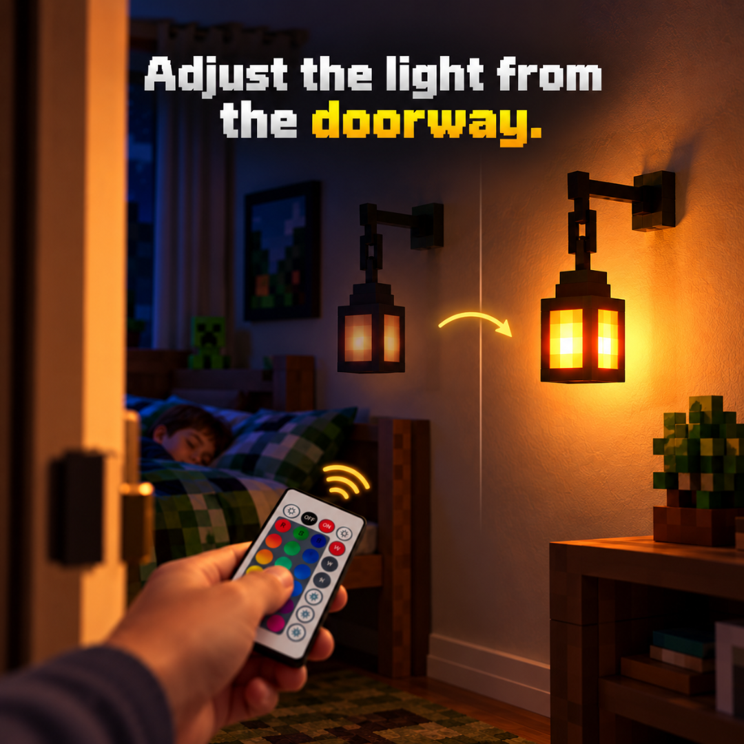 Parent dimming the pixel lantern from the doorway with the remote control