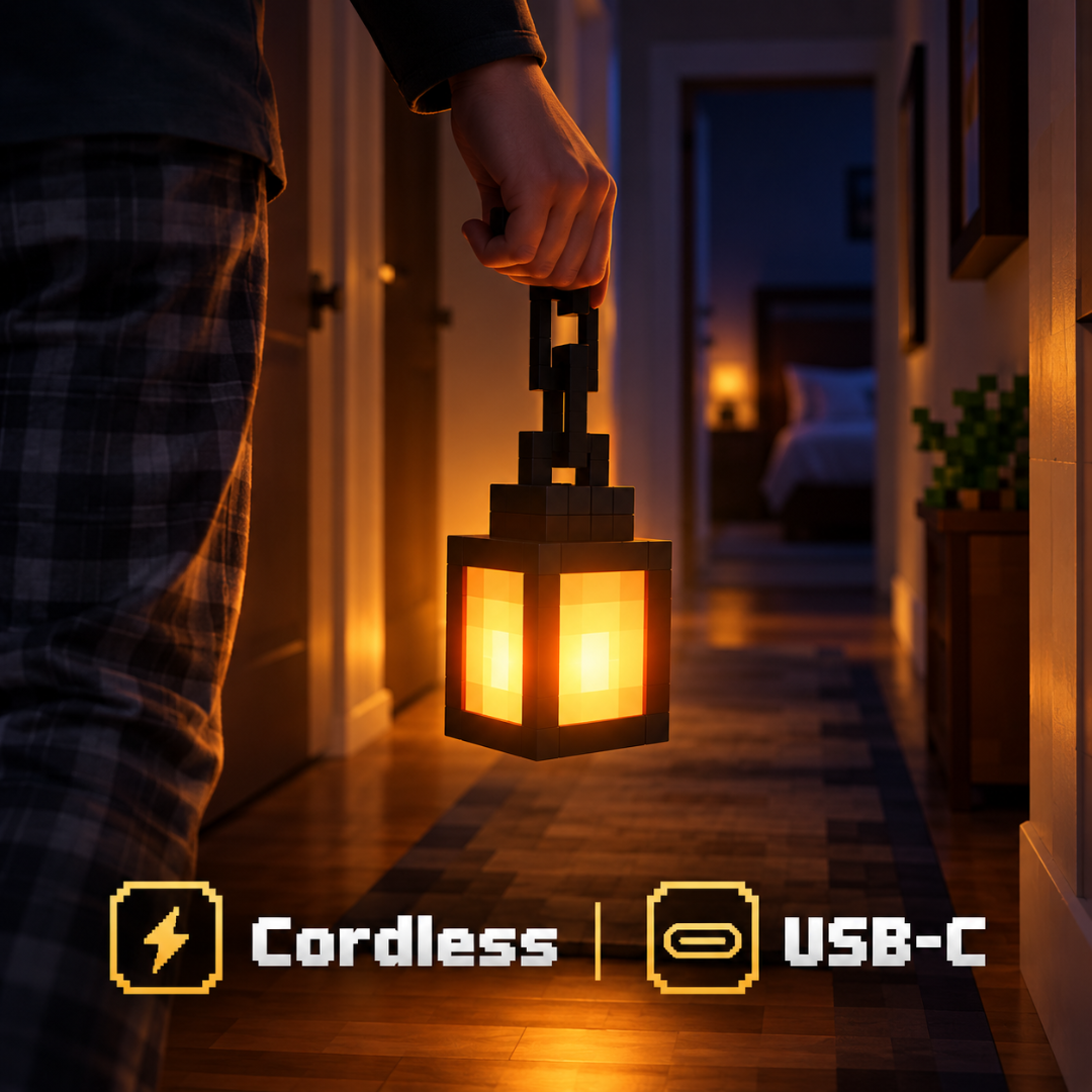 Cordless pixel lantern carried by hand down a dark hallway, USB-C rechargeable