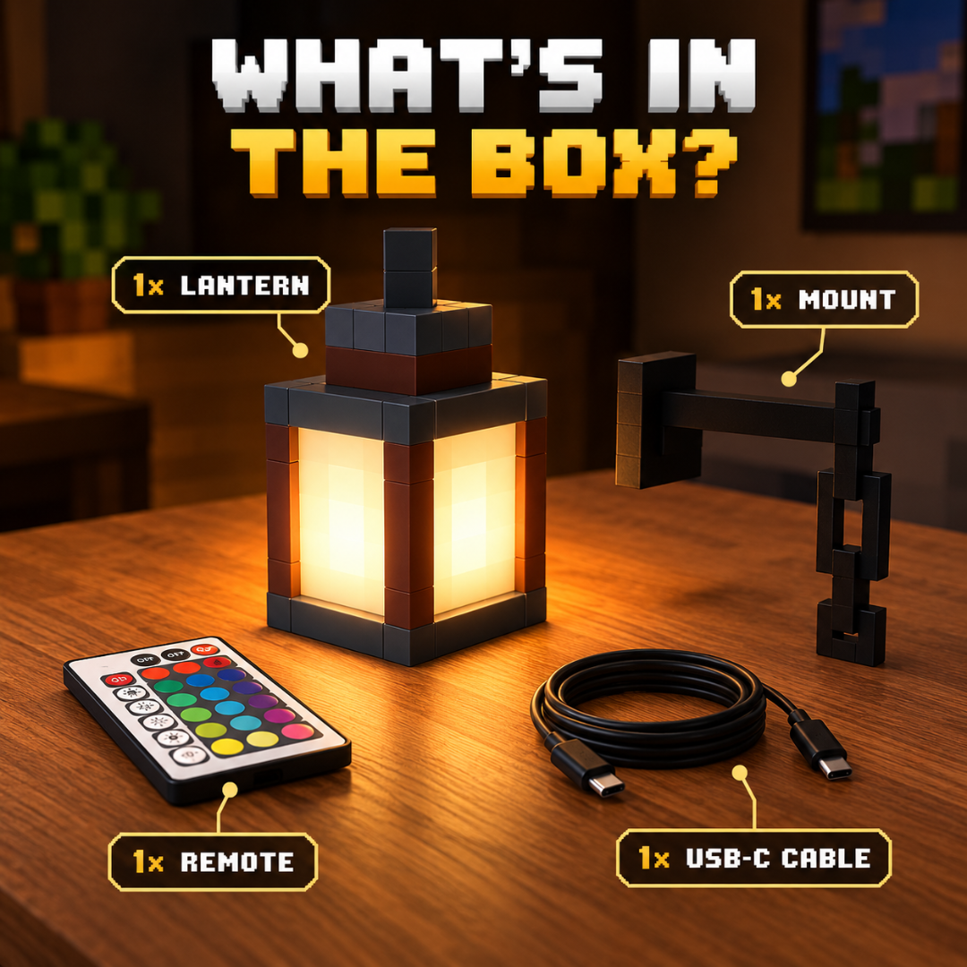 What's in the box: lantern, wall mount, remote control, USB-C cable